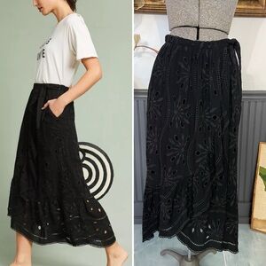 Anthropologie Maeve Nicia Black Faux Wrap Eyelet Ruffle Midi Skirt - Sz 4 💚🎀